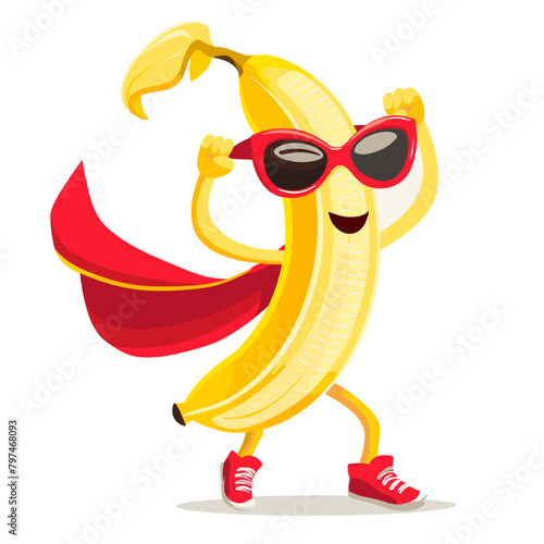 playful piece of fruit, a banana dressed in a red cape and sunglasses, seems ready for an adventure