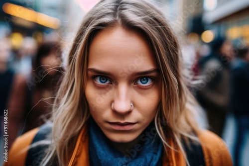 a woman with blue eyes and a nose ring