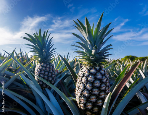 Two ripe pineapples in a sunny pineapple field