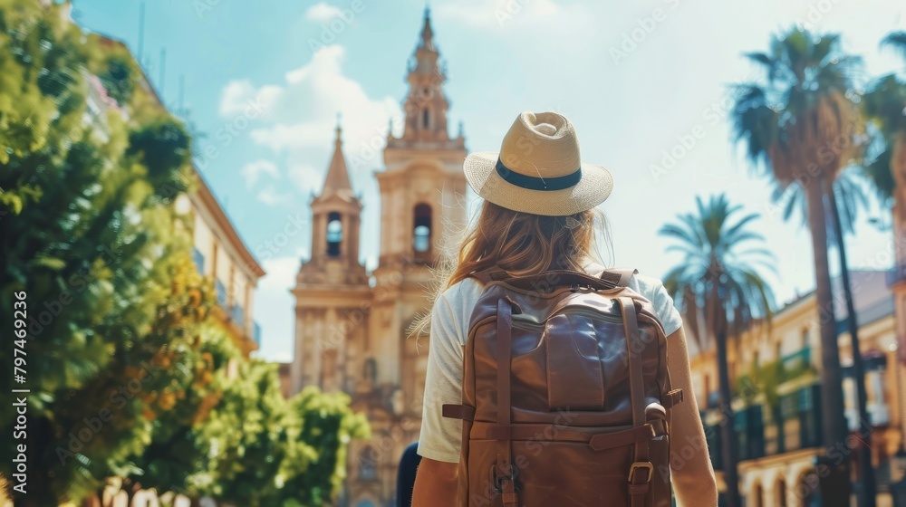 Fototapeta premium Young backpacker tourist girl admiring ornate cathedral in charming old spanish town