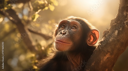 a monkey looking up at the sun photo
