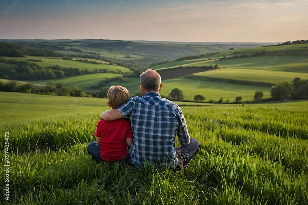 Father and son sitting on a green meadow looking at the sunset. Happy Father day.