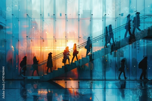 Silhouette of business people walking up and down stair outside modern office in fast movement