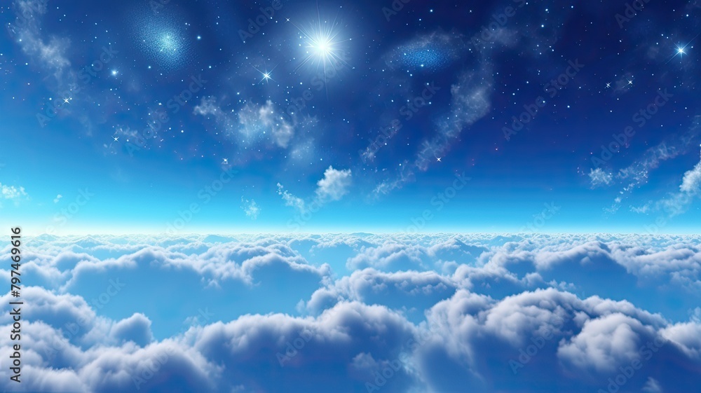 A mesmerizing sky filled with fluffy clouds beneath a starry galaxy, ideal for backgrounds and illustrations