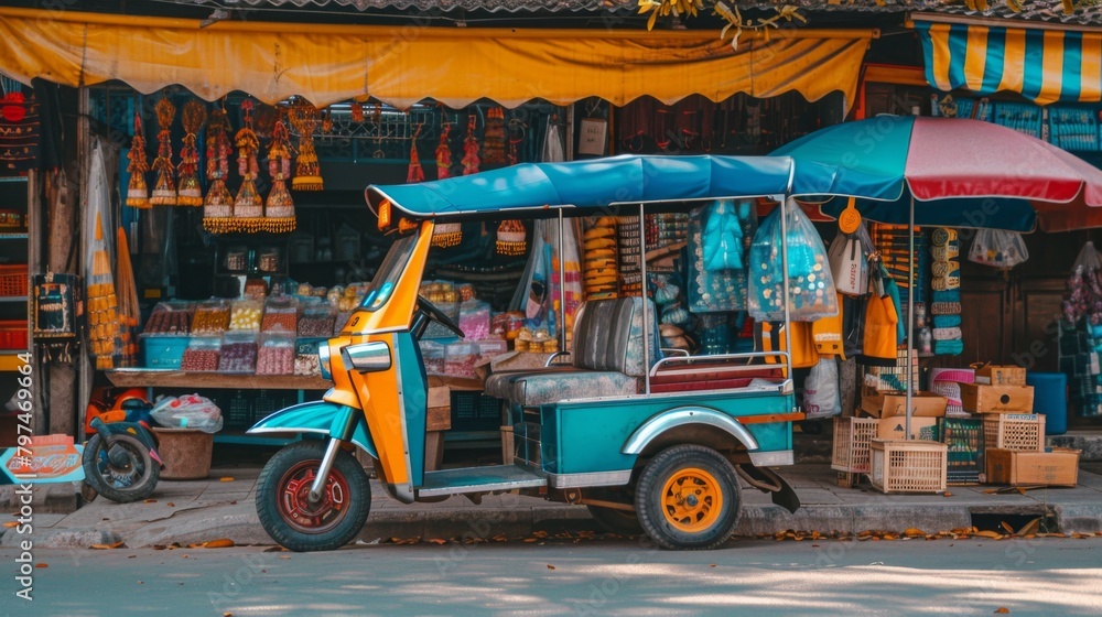 Naklejka premium A tuk-tuk parked in front of a colorful street market, waiting to ferry shoppers home