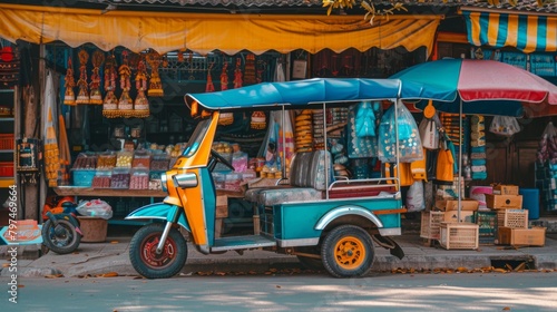 A tuk-tuk parked in front of a colorful street market, waiting to ferry shoppers home