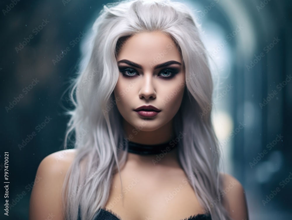 a woman with white hair and black choker a woman with white hair and black choker