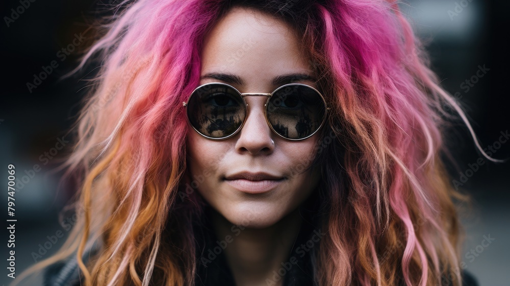 a woman with pink and orange hair wearing round sunglasses