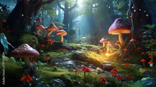 Mystical forest glade with vibrant greenery and magical mushrooms, illuminated by dappled sunlight © chesleatsz