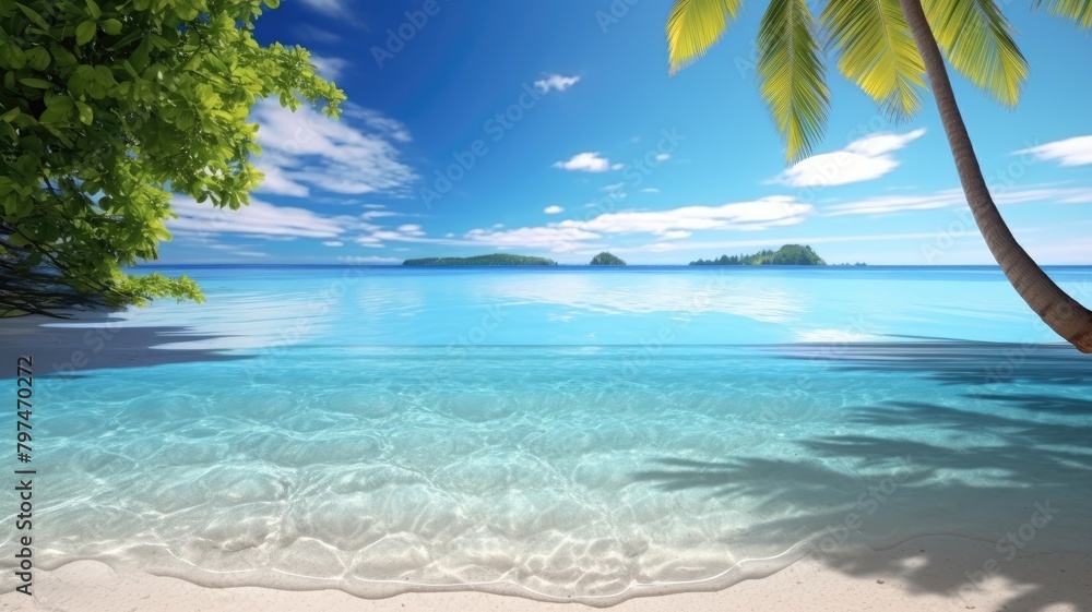 Breathtaking tropical beach with crystal clear turquoise waters, white sands, and lush greenery under a serene sky