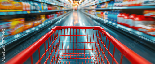 red cart in supermarket, AI generated photo