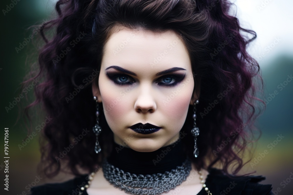 Fototapeta premium a woman with dark hair and black makeup