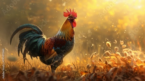 A victorious rooster basking in glory after a hard-fought battle, feathers fluffed with pride.