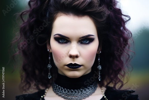a woman with dark hair and black makeup