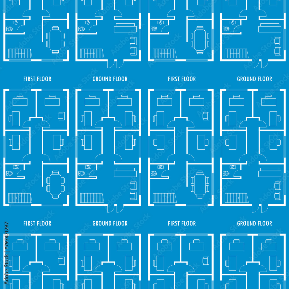 Blueprint seamless pattern. Texture background with ground and first floor plan office building. Business office scheme, interior with furniture.