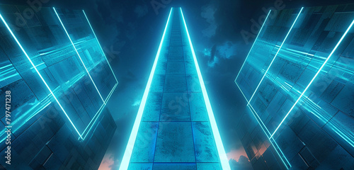 Futuristic blue obelisk in 3D, neon-lit against a dark sky backdrop.