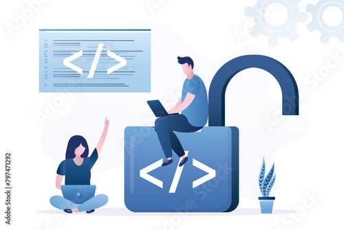 Open source programming, digital products include permission to use programming source code. Software engineer sitting on unlocked padlock with coding symbol.