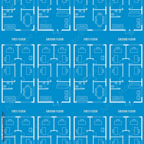 Blueprint seamless pattern. Texture background with ground and first floor plan office building. Business office scheme, interior with furniture.