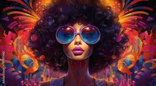 a woman with big afro wearing sunglasses