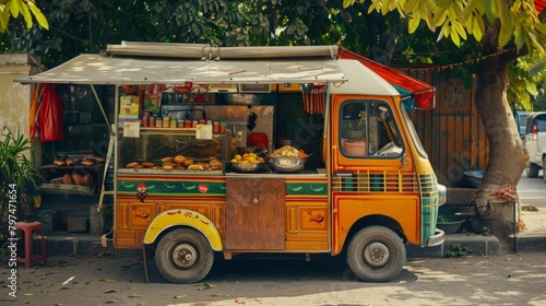 A vintage tuk-tuk converted into a mobile food stall, serving delicious street food delicacies