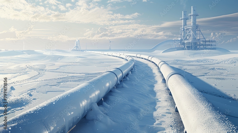 A closeup of snowladen industrial pipelines curving into the distance with a steel tower in the background on a bright winter day
