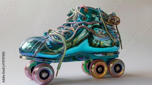 A visually captivating pair of roller skates in a vibrant teal color adorned with intricate multicolored shoelaces that create a mesmerizing iridescent effect
