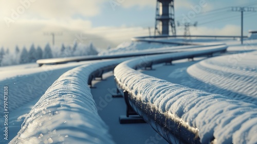 A closeup of snowladen industrial pipelines curving into the distance with a steel tower in the background on a bright winter day 