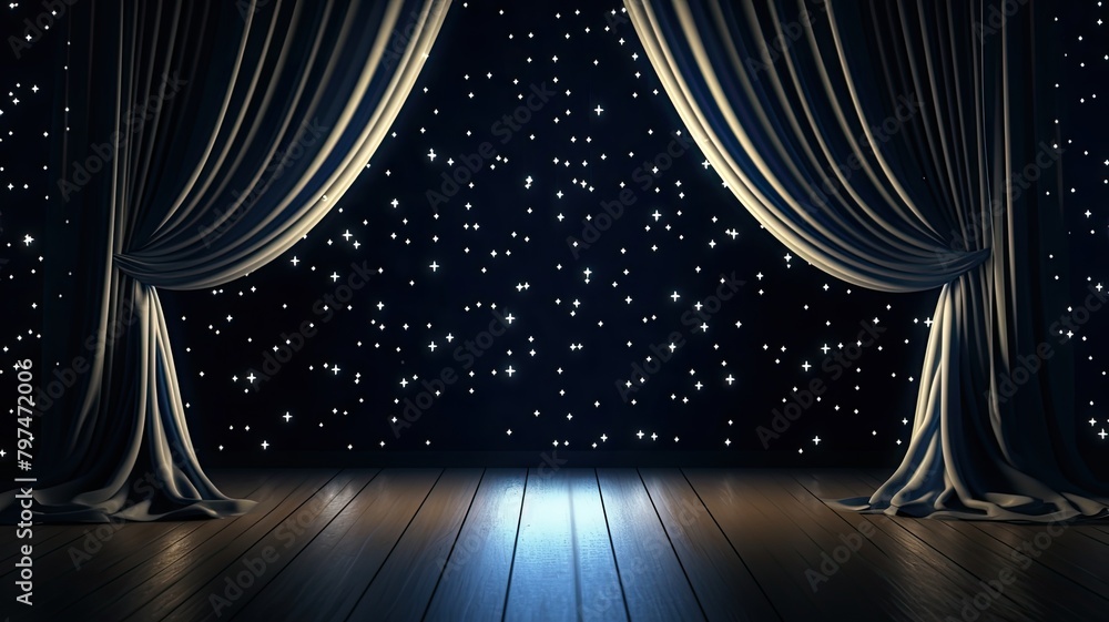  Magical night sky unveiled behind elegant drapes over a serene wooden stage - obrazy, fototapety, plakaty 