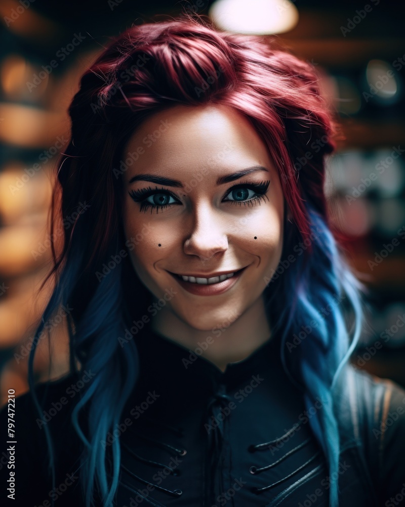 a woman with blue and red hair a woman with blue and red hair