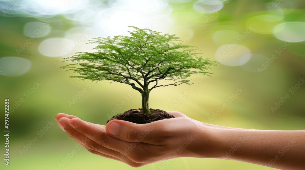 Environment Earth Day In the hands of trees growing seedlings. Hand holding tree on nature field grass Forest conservation concept Environment Earth Day In the hands of trees growing seedlings. Hand holding tree on nature field grass Forest conservation concept