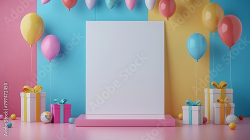 Rectangular blank white paper board, card for advertising mockup, copy space for text, vibrant, minimalist editorial aesthetic, birthday party gifts presents