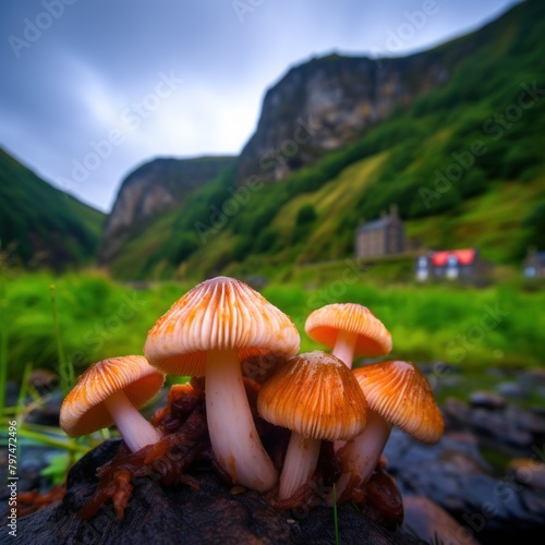 a group of mushrooms growing on a rock