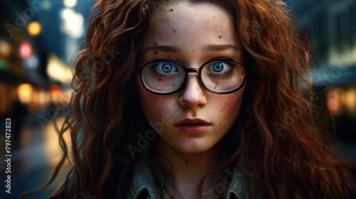a close up of a woman with glasses