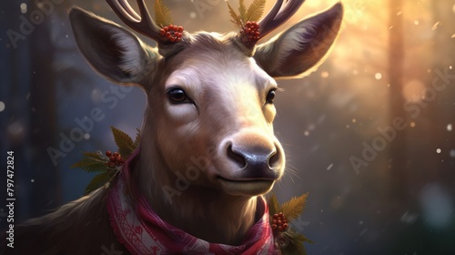 a deer with red scarf and leaves