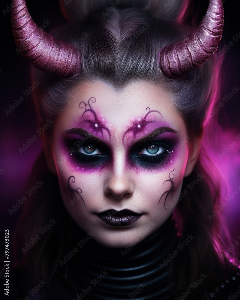 a woman with purple makeup and horns a woman with purple makeup and horns