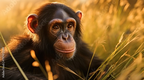 a chimpanzee in grass photo