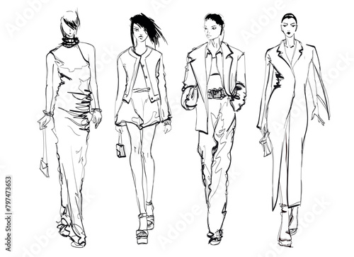 beautiful women in stylish clothes. Fashion sketch