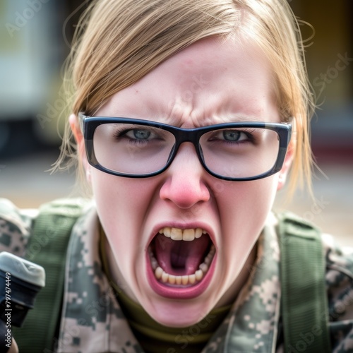 a woman in military uniform yelling