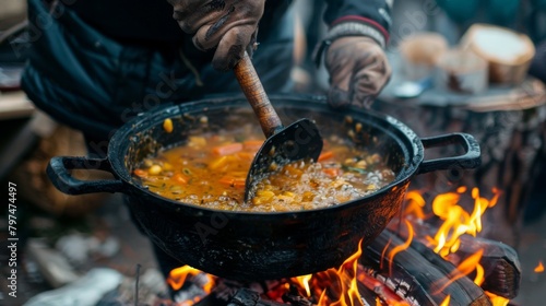Close-up of a chef stirring a bubbling cauldron of delicious soup over a fire