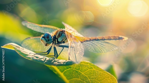 Close-up of a dragonfly resting on a sunlit leaf, highlighting the grace and elegance of these winged creatures.