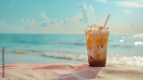 Quench your thirst for summer with a revitalizing iced coffee against a tranquil pastel backdrop, a refreshing escape