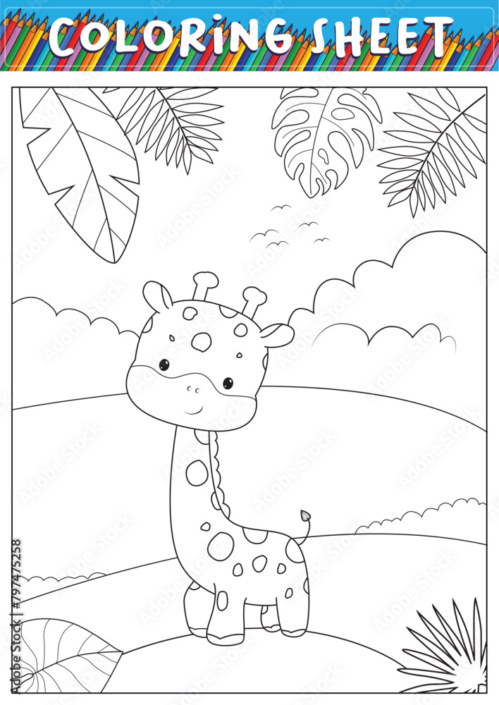 Fototapeta premium Cute giraffe for children's coloring practice