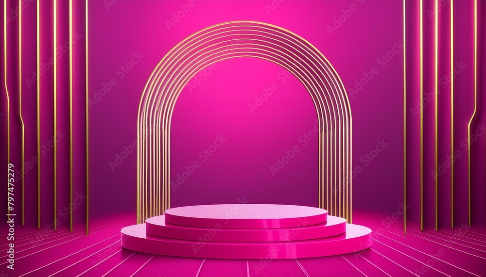 Minimalist Composition: 3D Rendering of Luxurious Product Stand in Neon Pink Minimalist Composition: 3D Rendering of Luxurious Product Stand in Neon Pink