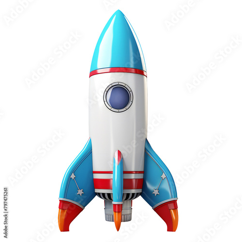 Colorful cartoon style rocket with blue body and red fins, png isolated on transparent