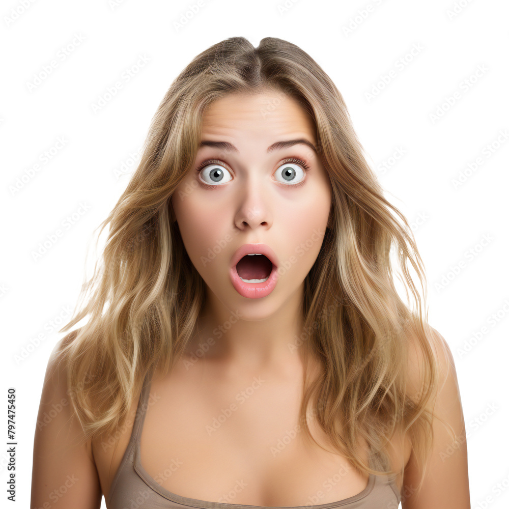 Surprised young woman with wide open eyes and mouth, png isolated on transparent Surprised young woman with wide open eyes and mouth, png isolated on transparent