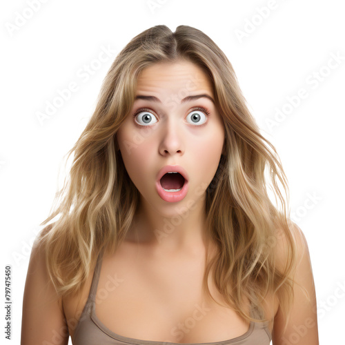 Surprised young woman with wide open eyes and mouth, png isolated on transparent