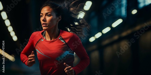 Running woman. Dynamic photo of a female runner wearing stylish sportswear running at night.