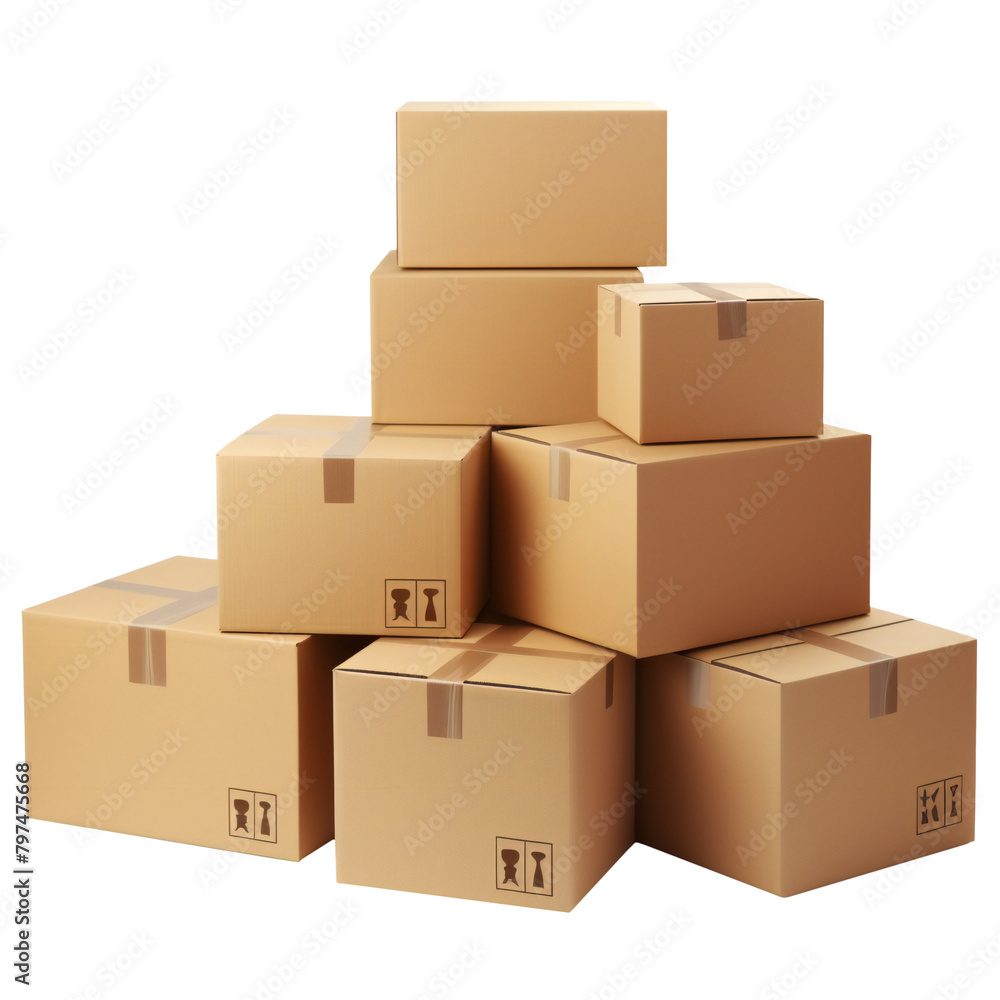 Stack of cardboard boxes on a transparent background