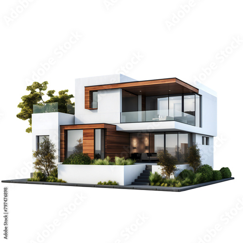 Modern two-story house with large windows and wooden accents, png isolated on transparent