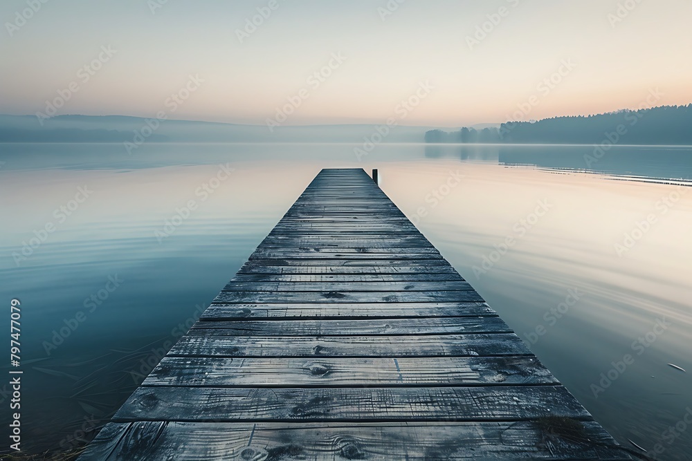 Overlooking a tranquil lake, a solitary wooden pier extends gracefully into the water, its weathered planks bearing witness to countless sunsets and quiet reflections